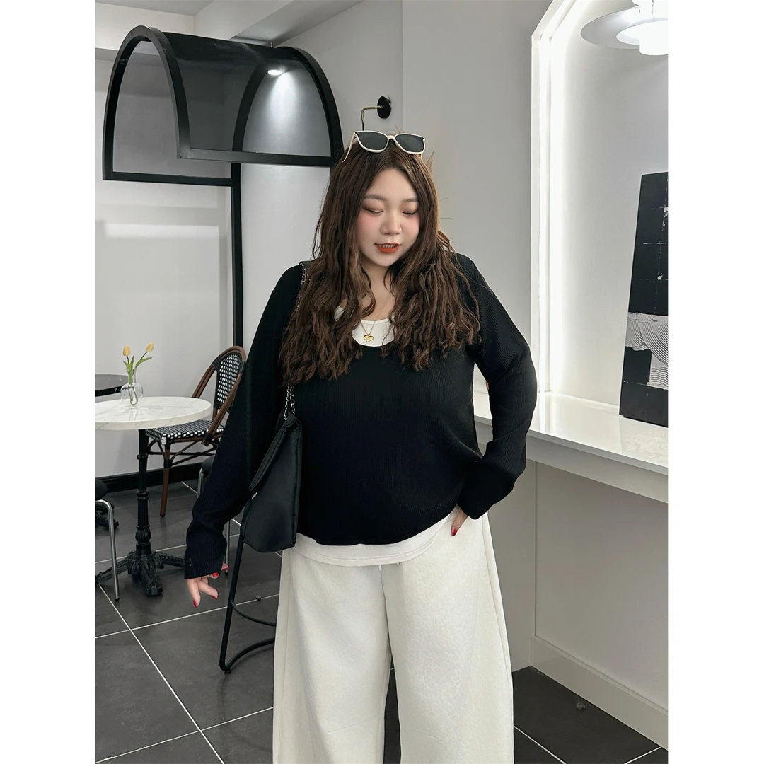 花契"纽约晨光"大码女装秋季宽松200斤胖mm设计感打底衫15473-H