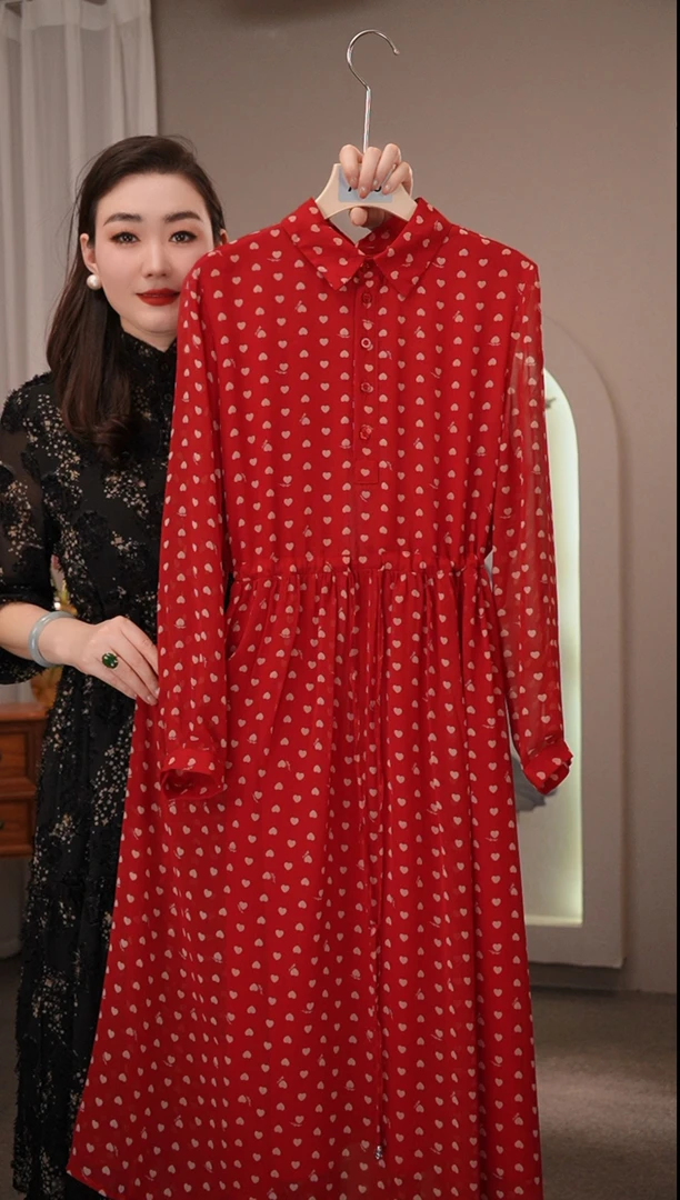 【红色桃心】-时尚轻奢女装长袖连衣裙 名媛法式收腰显瘦气质连衣裙