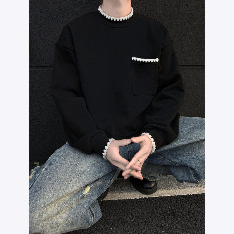 休闲加绒秋冬种贝壳绣高街复古潮流卫衣男新款春装圆领春秋外套