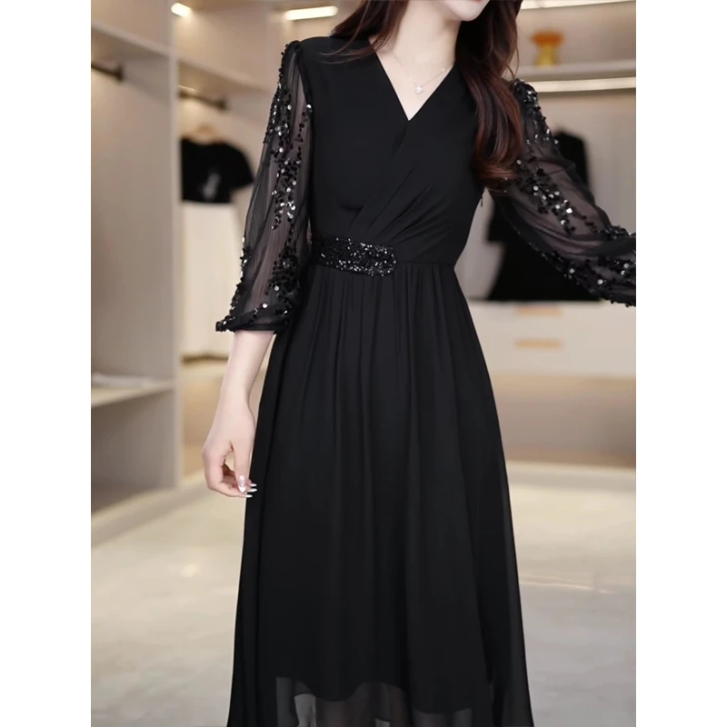 【有里布】轻奢黑色名媛连衣裙新款气质优雅减龄中长款裙子D1121