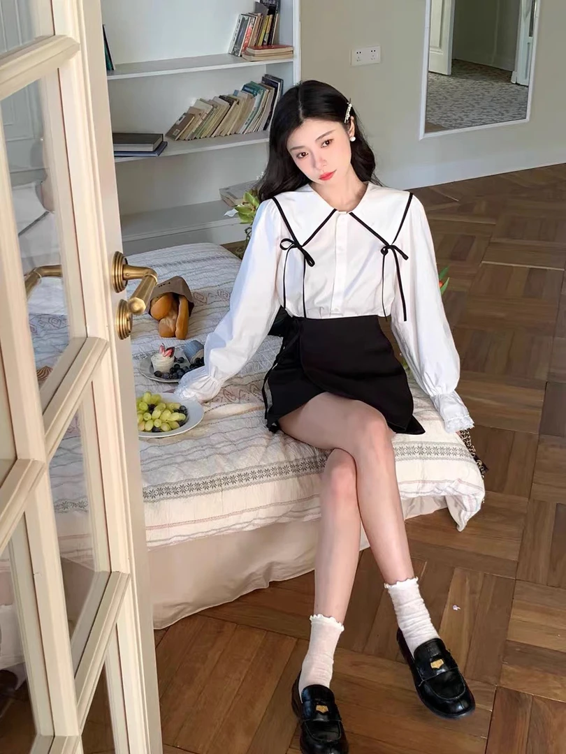 小众设计感白色娃娃领衬衫上衣开叉绑带短裙