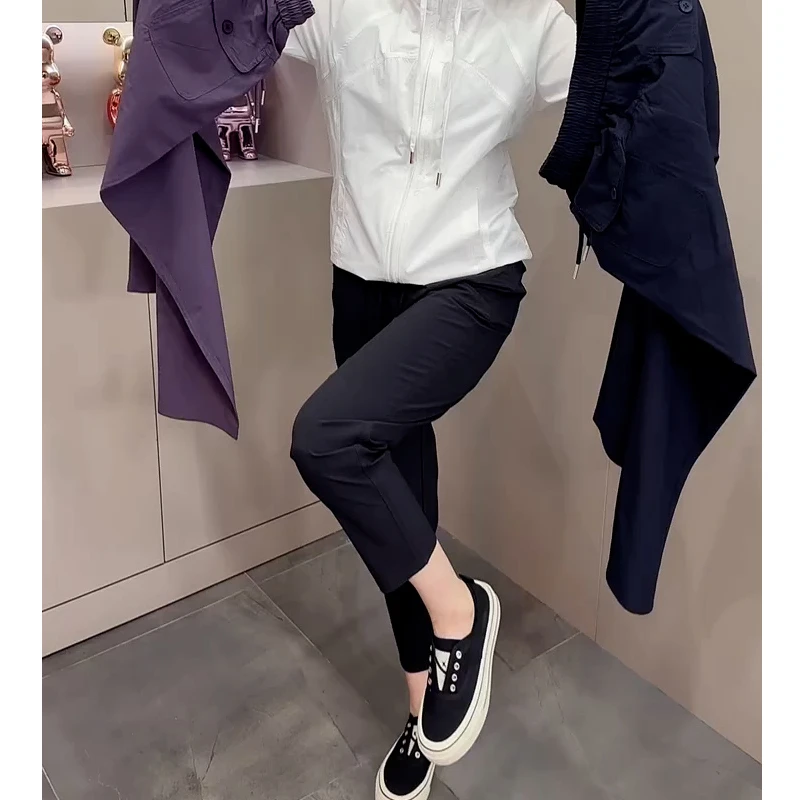 黑色休闲速干裤女夏季薄款胖MM梨形身材高腰弹力显瘦哈伦九分裤子