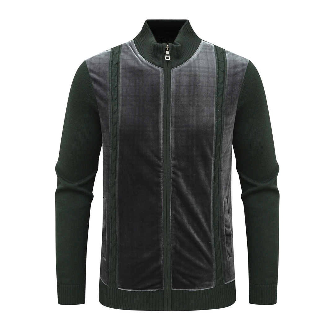 KN12康男式舒适有弹力 休闲立领开衫毛衣 绿色