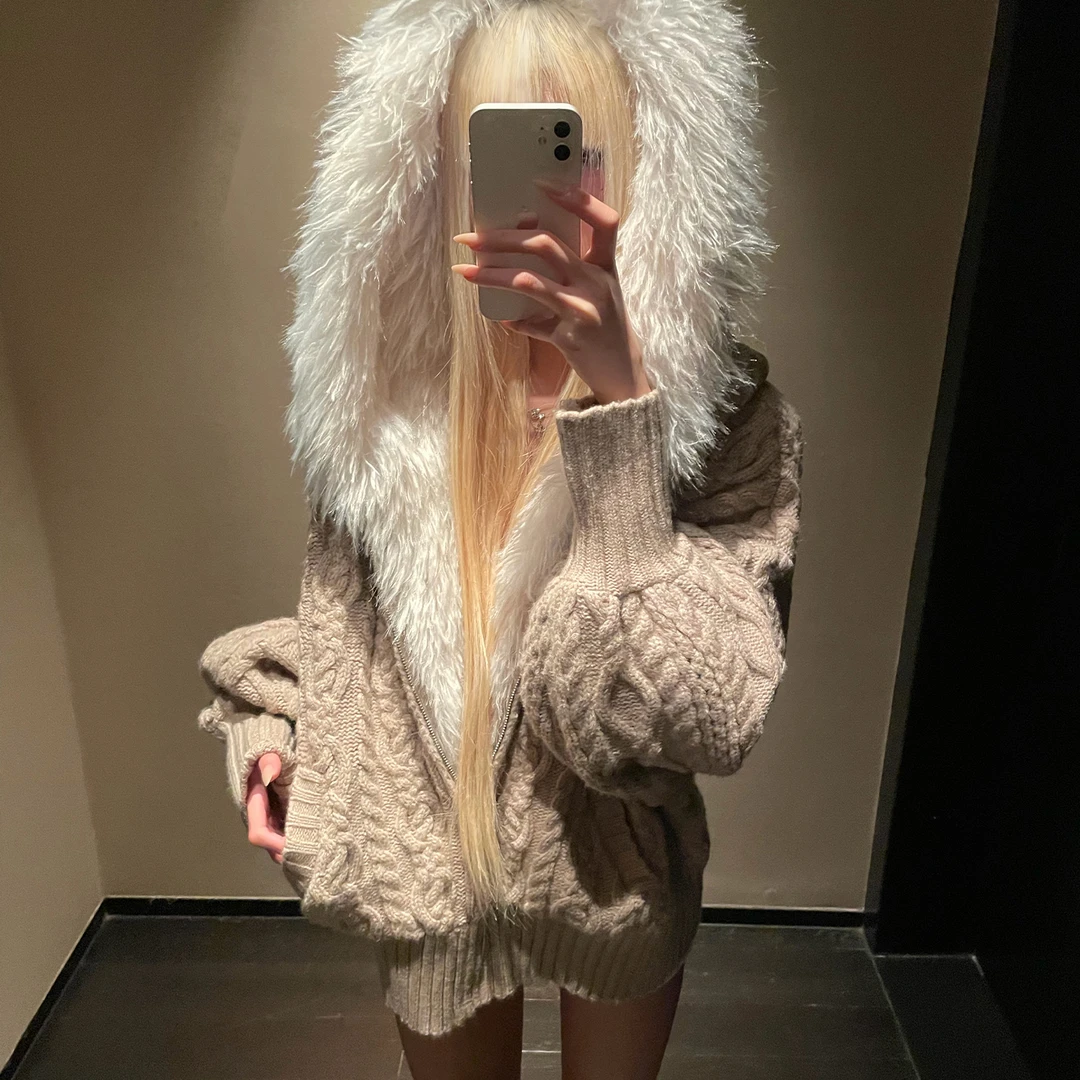 Rase le sol‘Blizzard Time’绞花连帽毛衣加绒加厚毛领毛毛外套