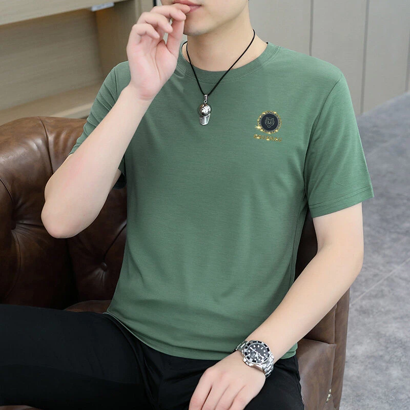 男士夏季潮流修身短袖t恤圆领韩版时尚透气冰丝罗马印花款百搭