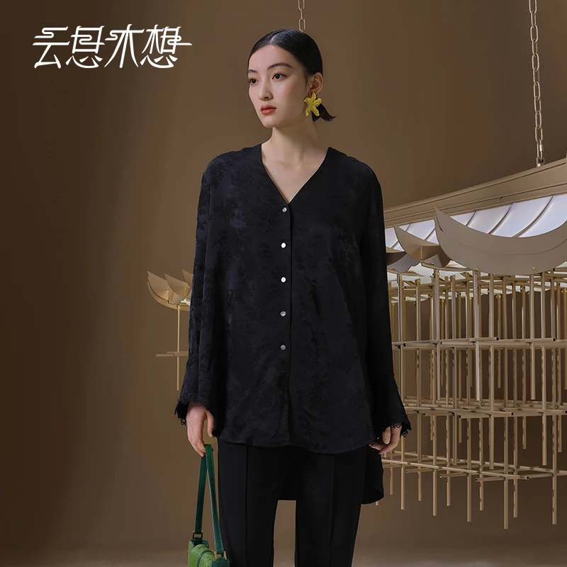Ysimo-X云思木想 木棉花开 提花贝壳扣宽松V领休闲衬衫12758