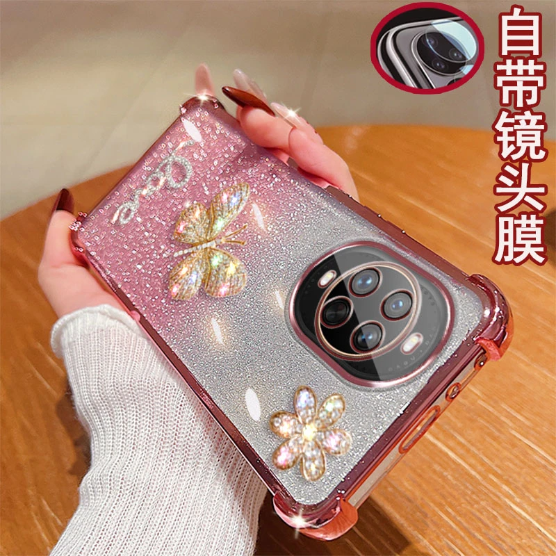 适用华为nova14pro手机壳MIA-AL00镜头全包镶钻蝴蝶女款防摔软套