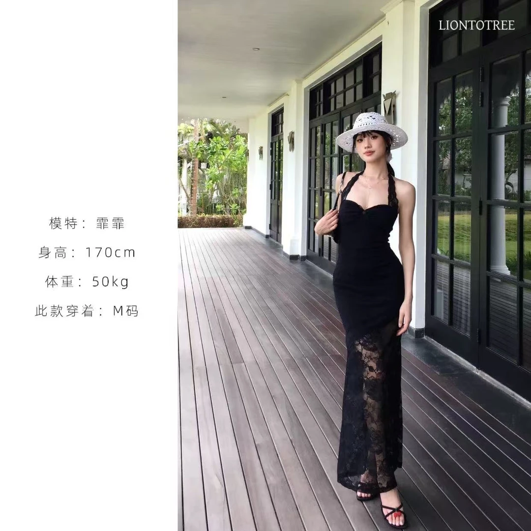 【Liontotree奶兔锤】【维多利亚】黑色蕾丝挂脖拼接长裙连衣裙 F311