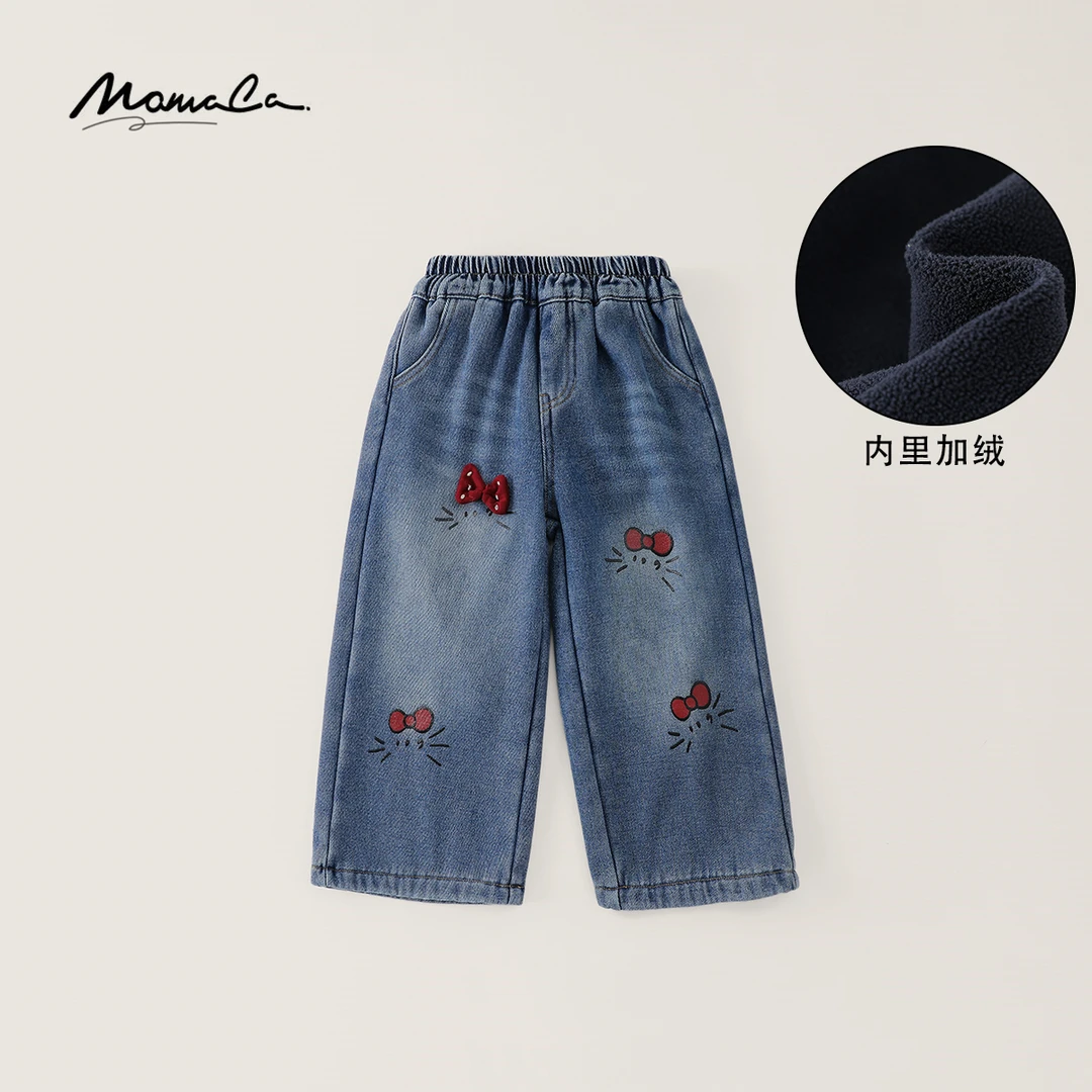 MOMOCO冬季女童时尚牛仔阔腿裤加绒蝴蝶结裤77830350020