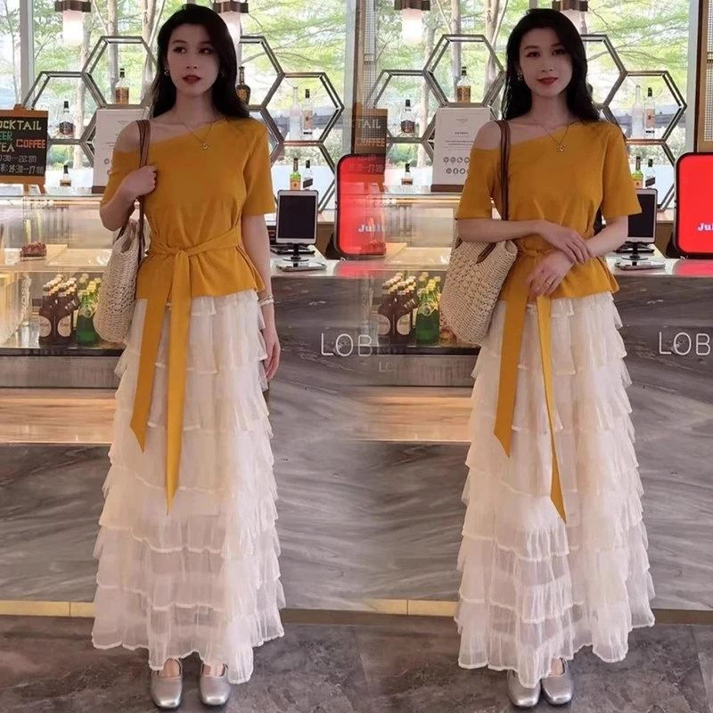 时尚连衣裙套装女夏季洋气质显瘦不规则系带短袖上衣半身裙两件套