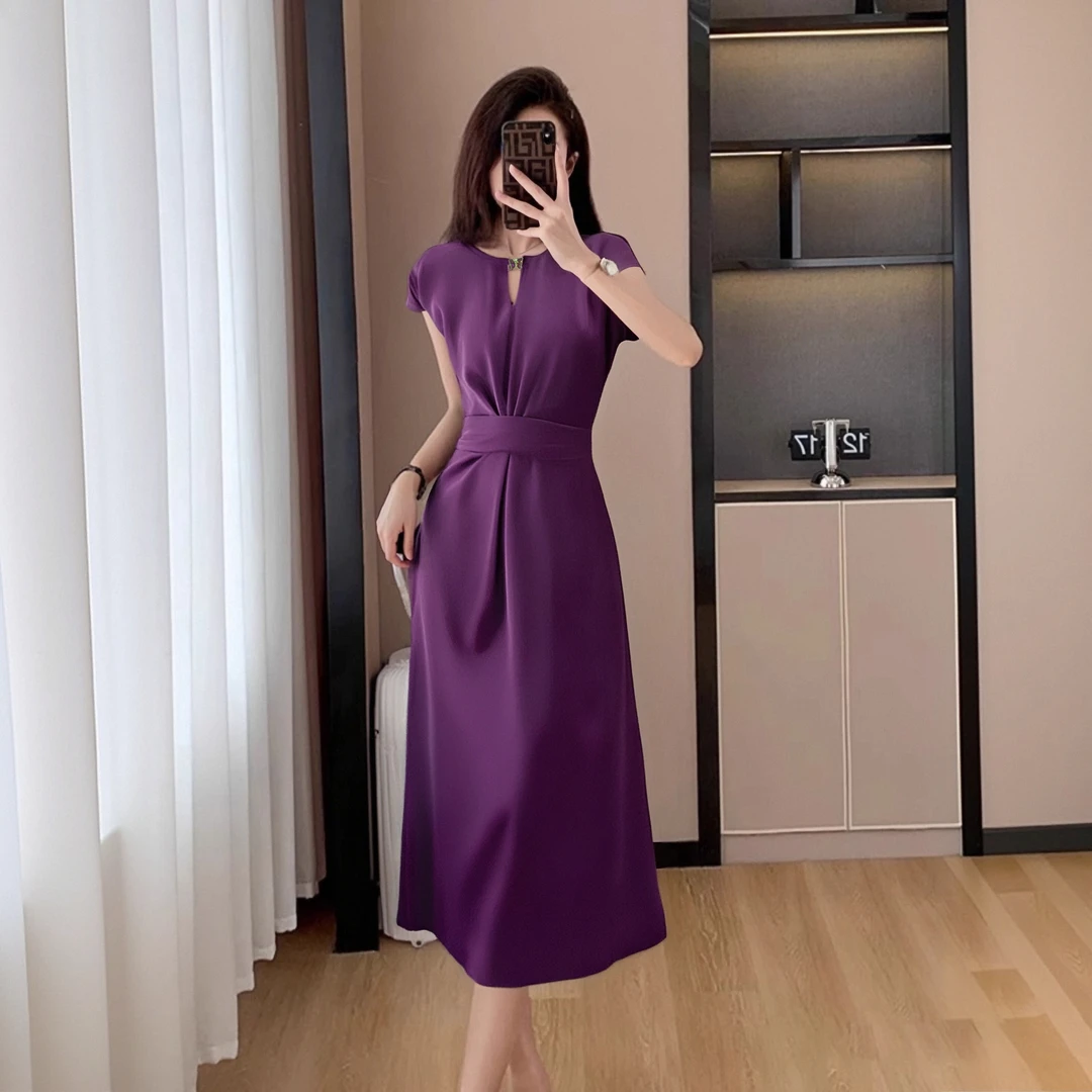 B2025夏季新款气质高级感通勤短袖收腰绑带修身紫色连衣裙女D1305