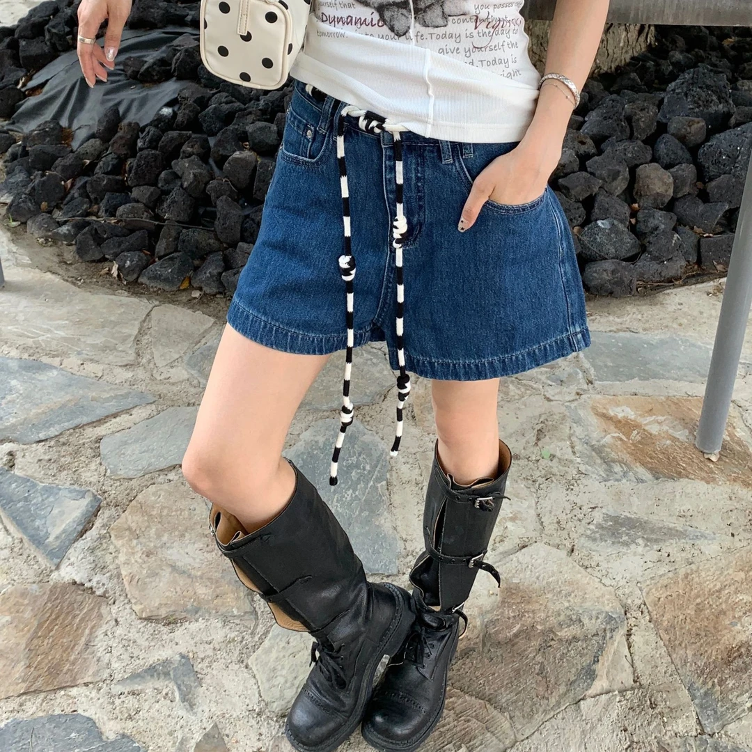 AndAnything条纹针织腰带牛仔短裤