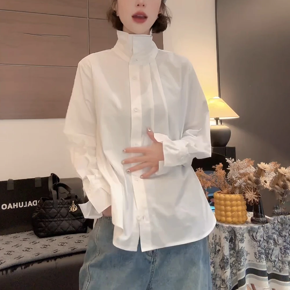 法式白色长袖衬衫女2025入秋高级感减龄洋气内搭叠穿高领衬衣上衣