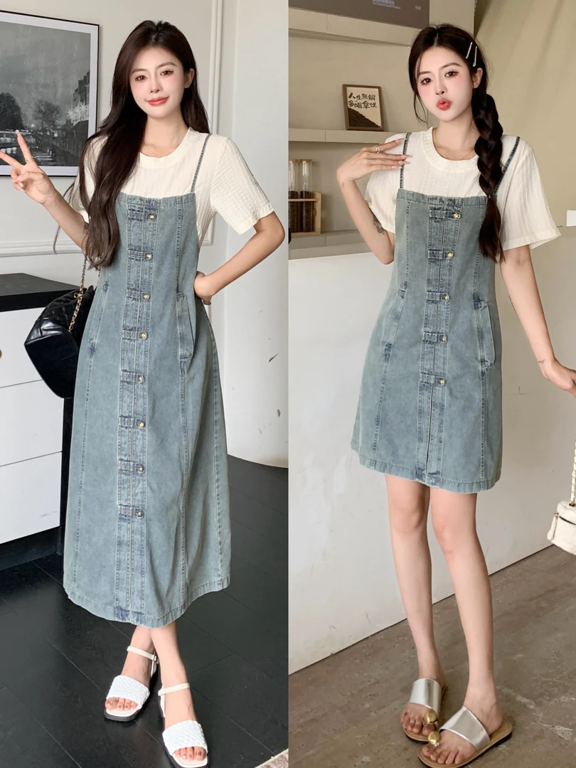 9109 夏季大码女装夏季新款牛仔撞色拼接假两件连衣裙