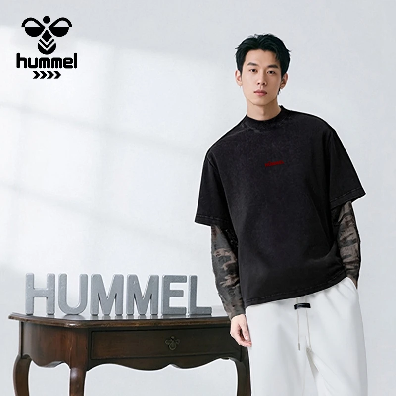 HUMMEL美式复古字母印花水洗做旧破洞长袖卫衣迷彩重磅半高领上衣