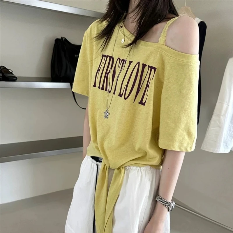 2025年夏季新款蕾丝拼接露肩短袖T恤女时尚休闲绑带宽松薄款上衣