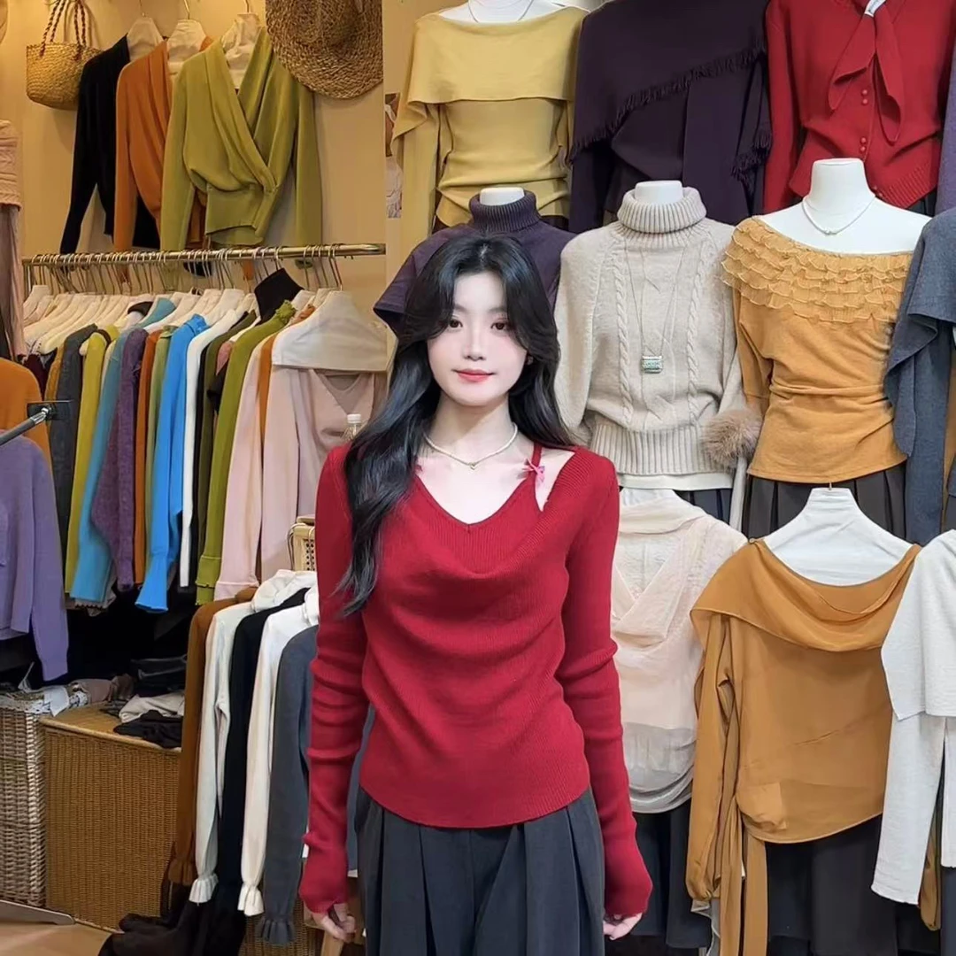 法式温柔甜美风假两件挂脖针织衫女秋季设计感小众长袖打底衫上衣