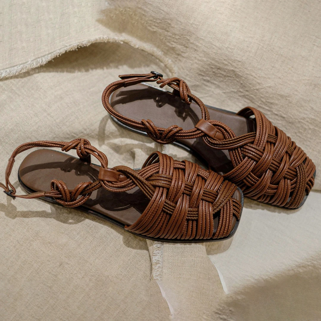 复古编织罗马凉鞋女2024新款方头包头凉鞋女一字扣带凉鞋女款平底