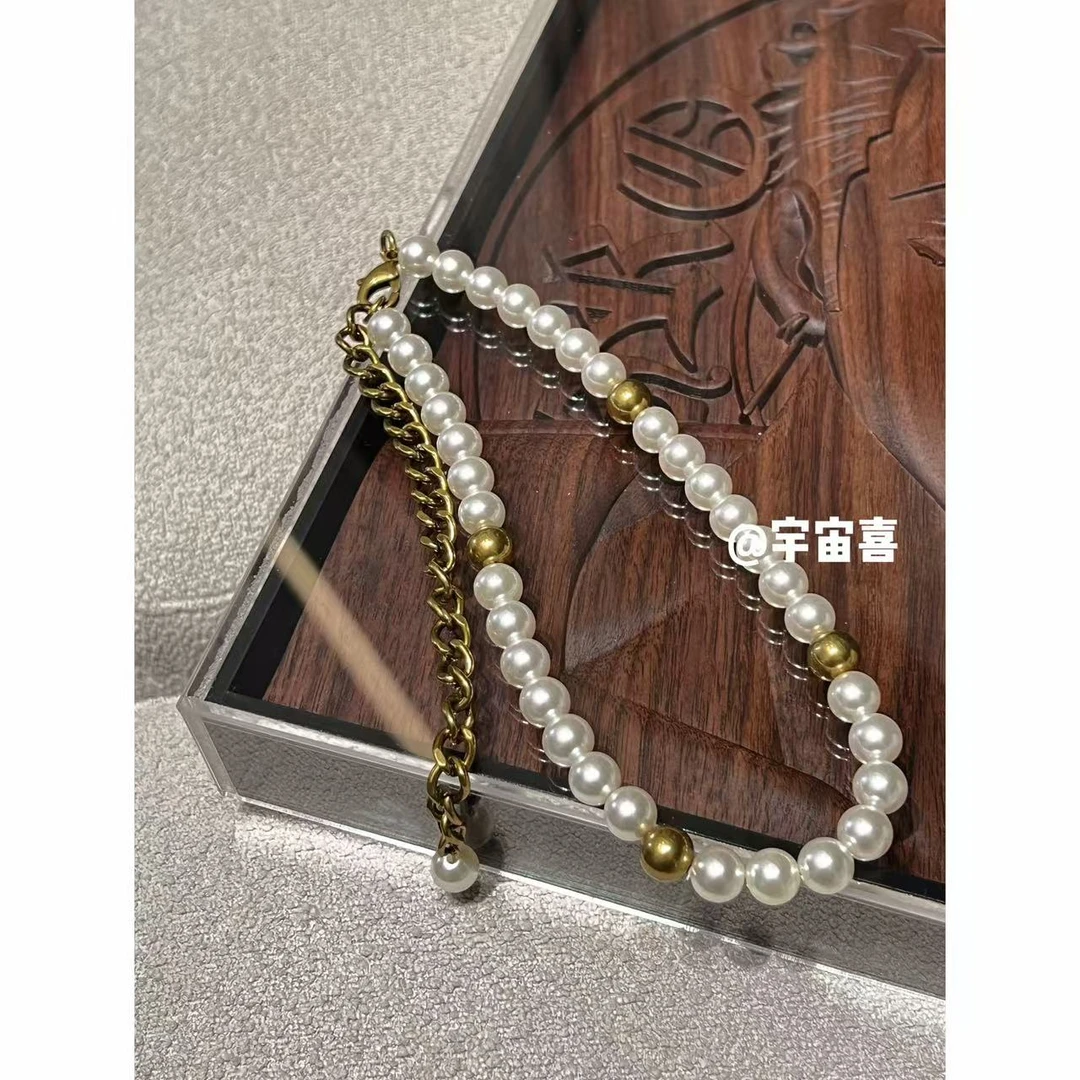 黄铜仿珍珠项链 H2-088【黄铜珠子贝珠串珠古巴链条项链】