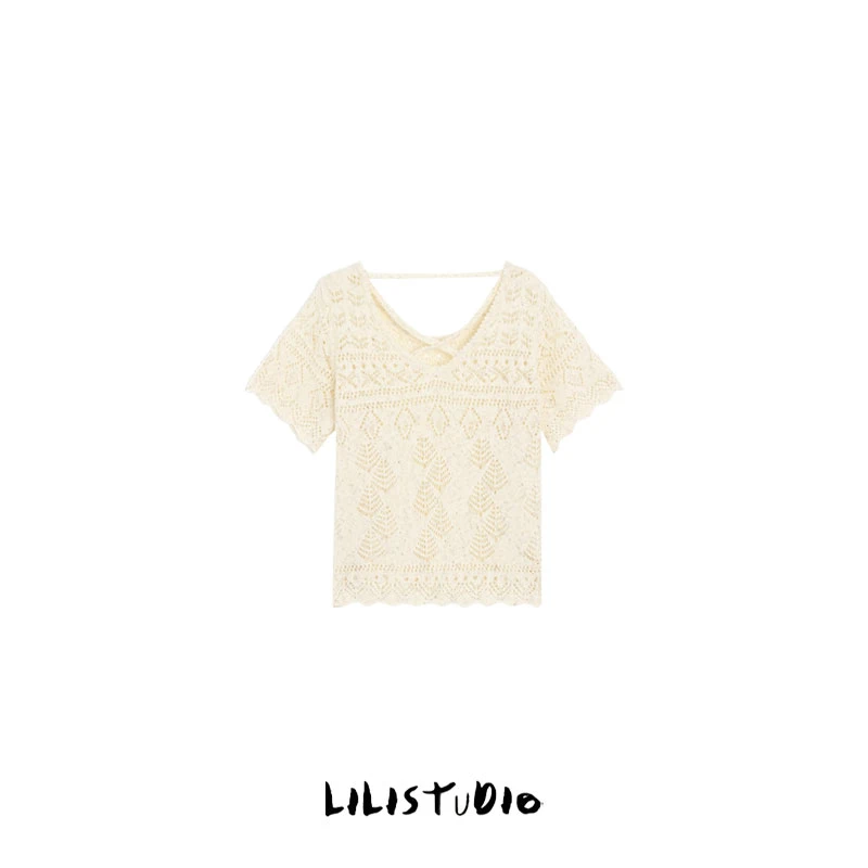 PCNY「甜茶丽兹」不理理春夏新款女装法式镂空短袖针织衫上衣女
