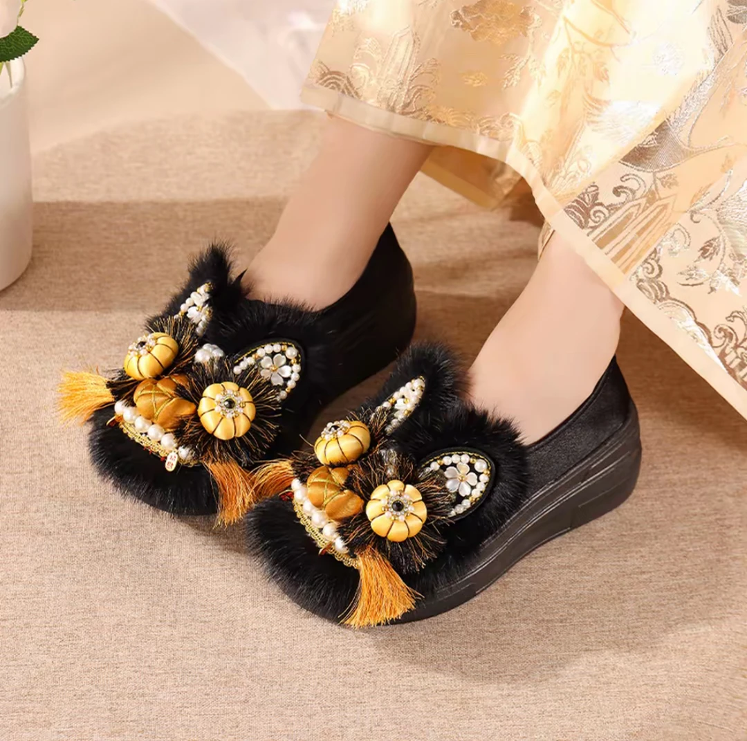 厚底【墨玉金霄】手工虎头鞋女成人黑金色布鞋正宗老北京布鞋女单鞋