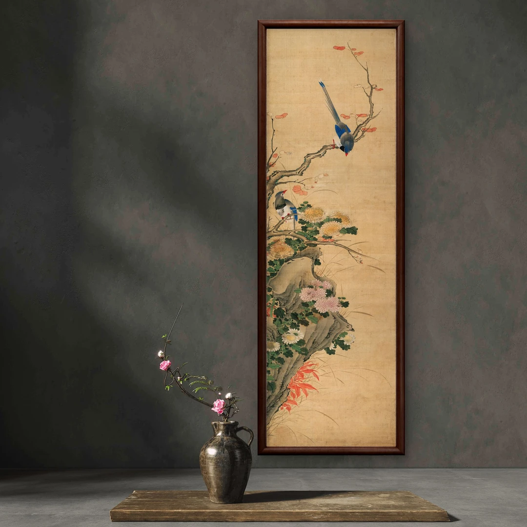 9863-40*120花鸟复古2中式装饰画实木玄关书房茶室客厅挂画