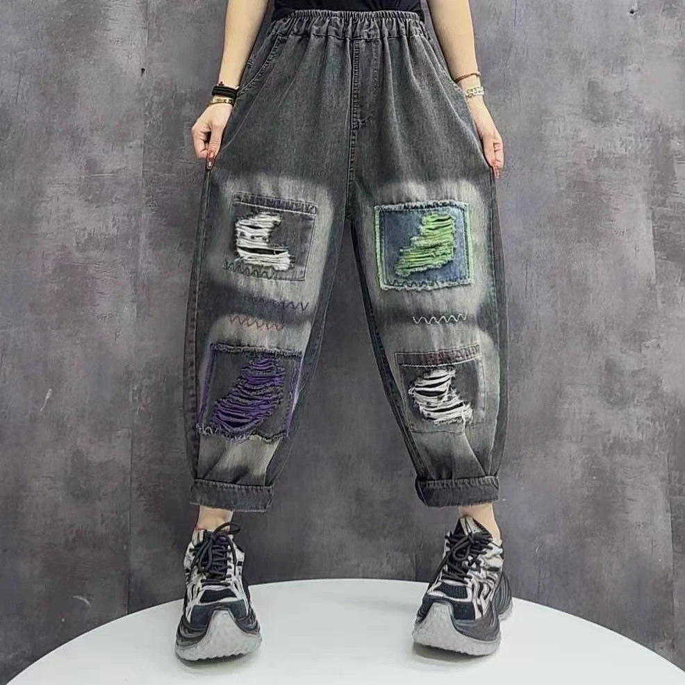 58362破洞潮流时尚重工文艺女牛仔裤显瘦哈伦宽松大码水洗