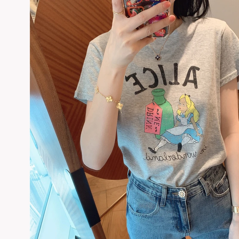 【张静芝】做旧卡通公主印花灰色T恤
