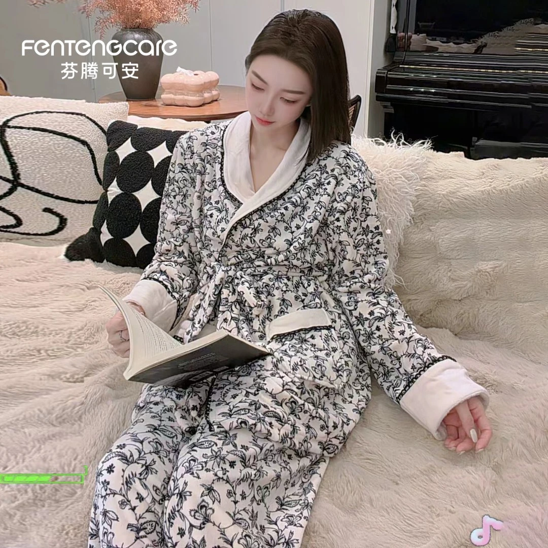 芬腾可安海岛绒睡衣女秋冬中长款浴袍加睡裤长袖保暖碎花家居服冬