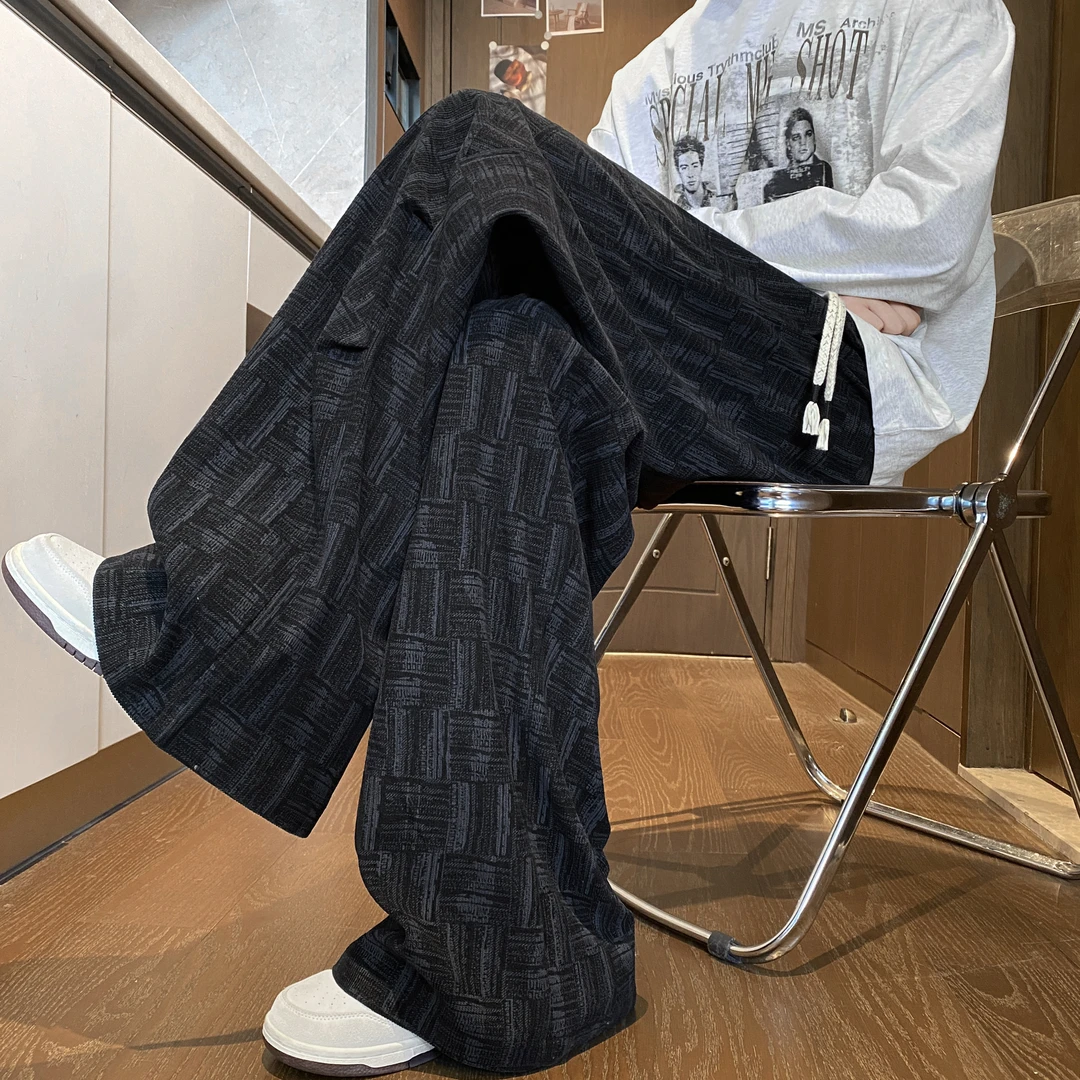 PLQV新款美式拼接格子扎染运动情侣休闲裤长裤百搭高街宽松大码潮