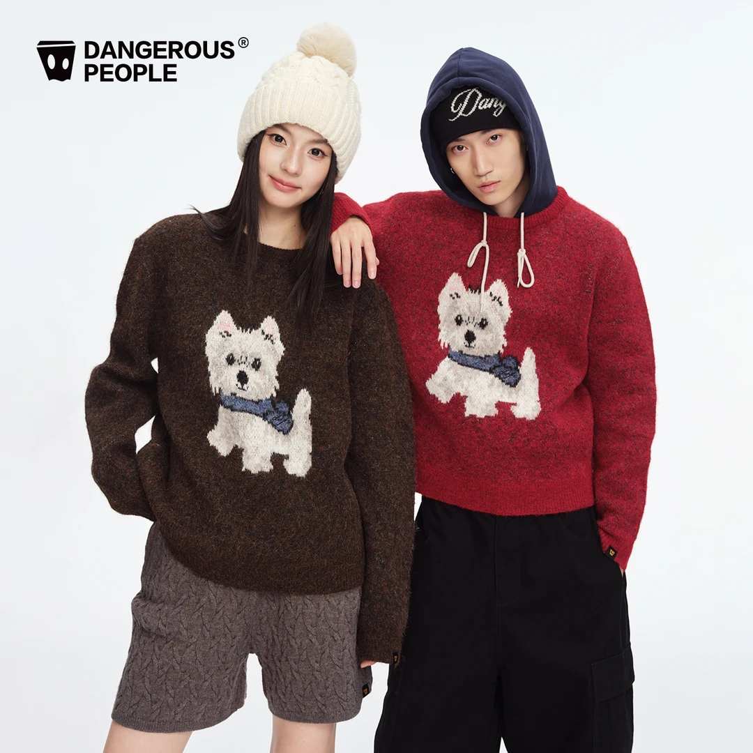 Dangerouspeople薛之谦dsp卡通小狗休闲宽松圆领套头毛衣针织衫