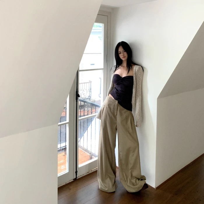 复古时髦低腰西装休闲裤女装夏季垂感长裤宽松阔腿弯刀裤拖地裤子