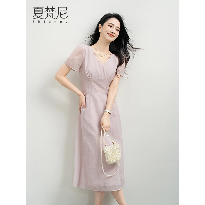 夏梵尼紫雾丁香2025年夏新款法式气质v领设计感小众收腰a字连衣裙