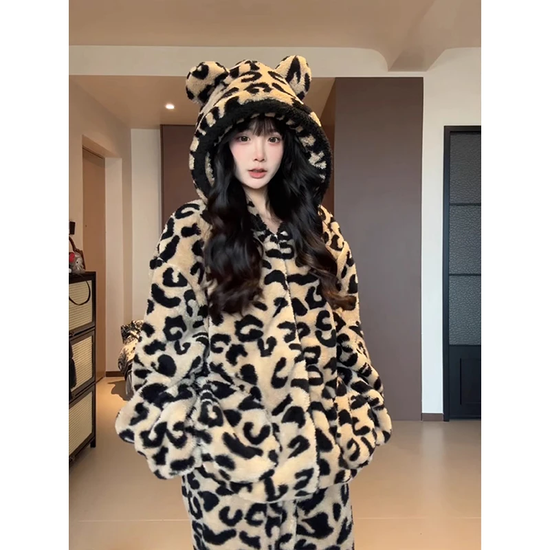 【豹纹小熊】韩版加厚珊瑚绒睡衣女冬季爆款撞色保暖家居服套装外穿