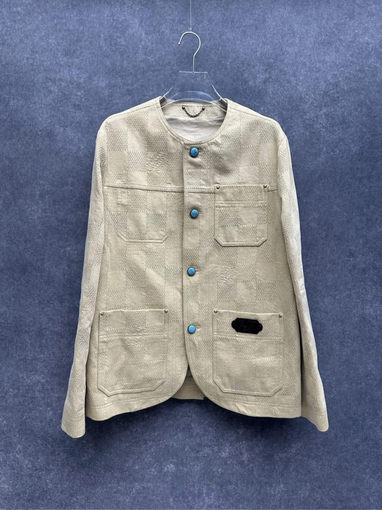 99新 LouisVuitton/路易威登 绿松石棋盘格无领夹克 56码/1323