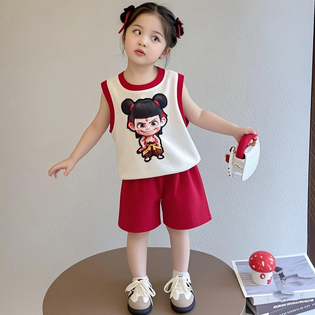 儿童哪吒背心套装2025夏季新款宝宝卡通纯棉无袖短裤男女童两件套