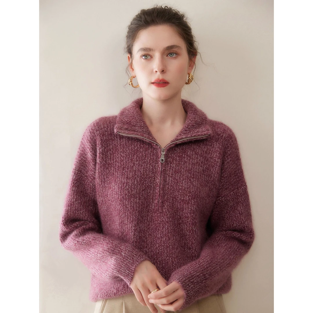 2025秋冬新款高领半拉链套头山羊绒针织衫女花纱加厚软糯亲肤毛衣