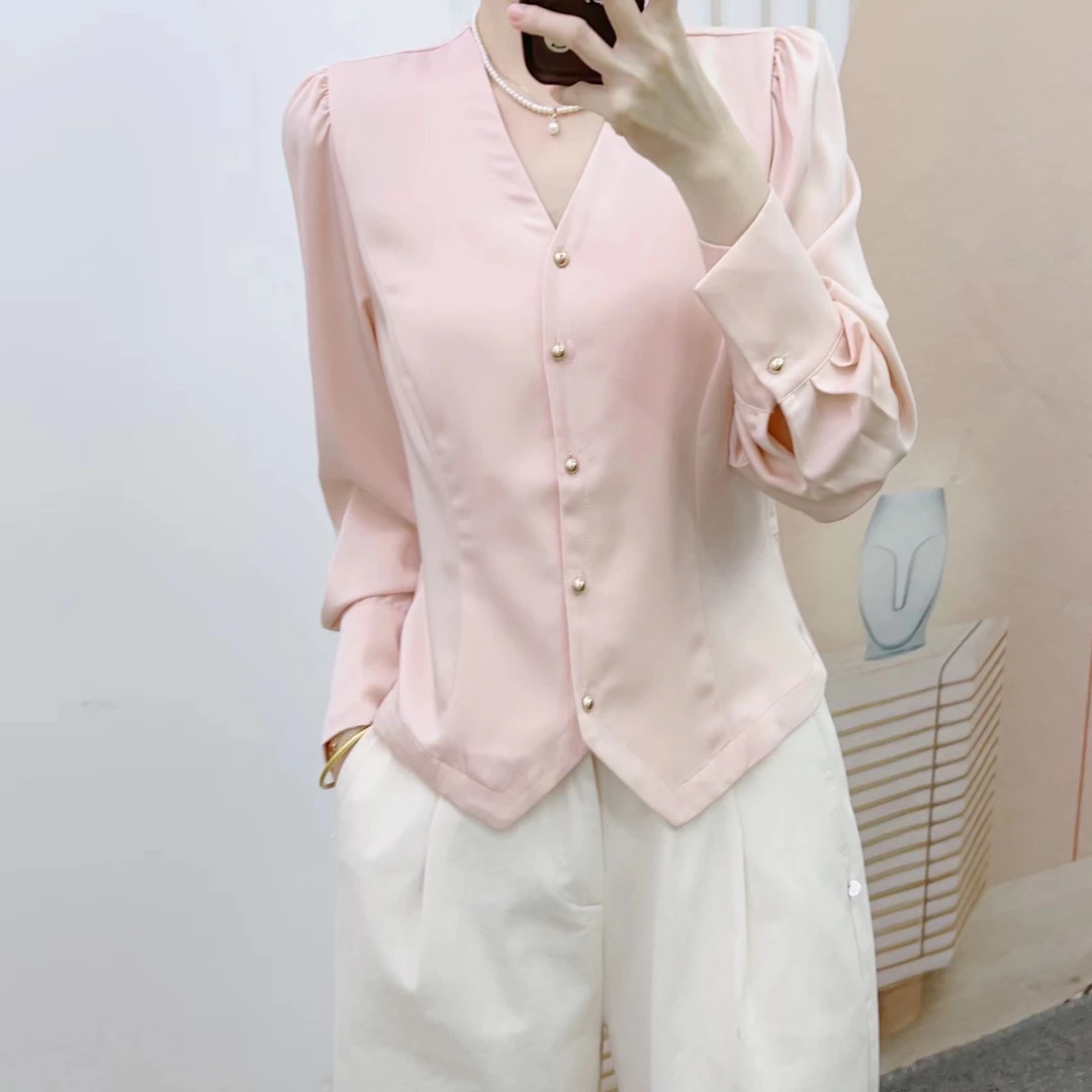 109秋季专柜时尚气质韩版百搭开扣简约短款长袖衬衫F3清