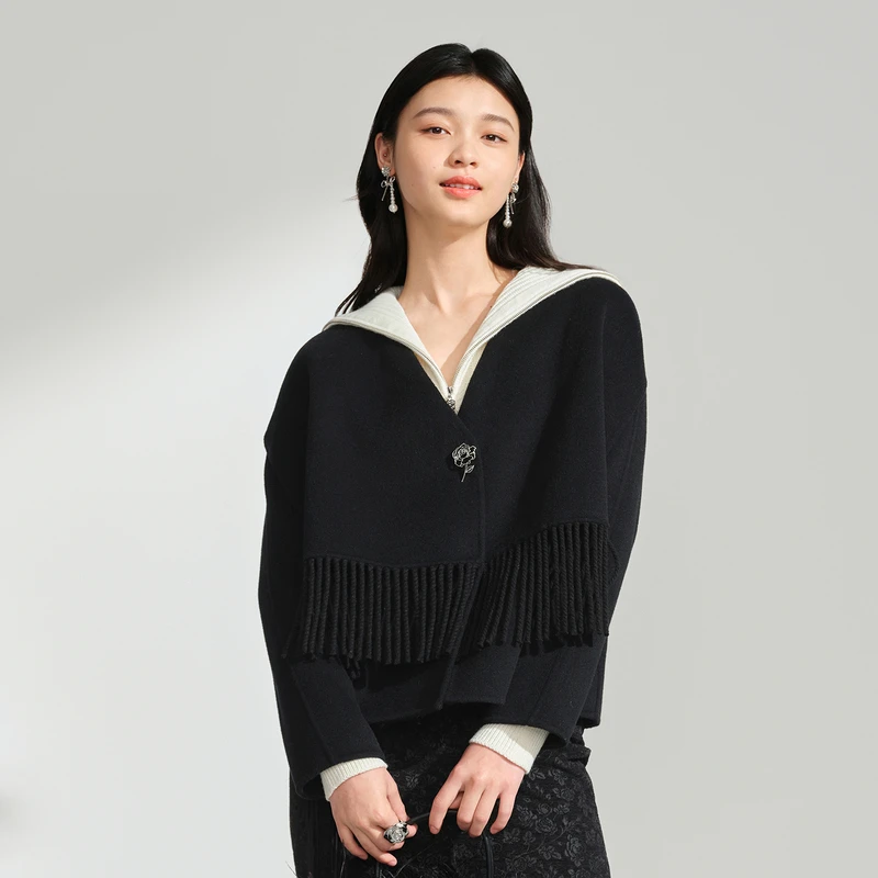 【臻奢双面呢】复古流苏羊毛短大衣含羊绒DOUBLOVE贝爱24秋冬新款