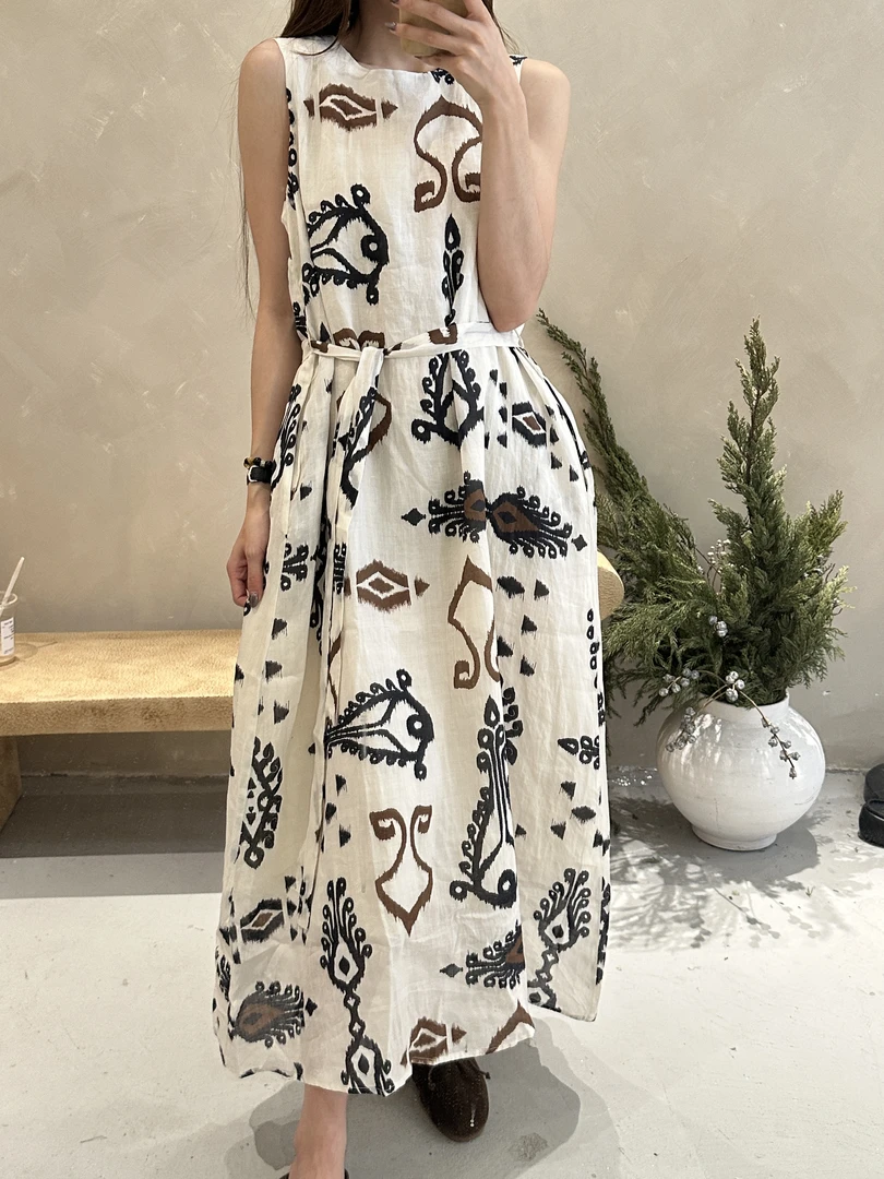苎麻双层复古文艺印花民族风无袖背心长裙