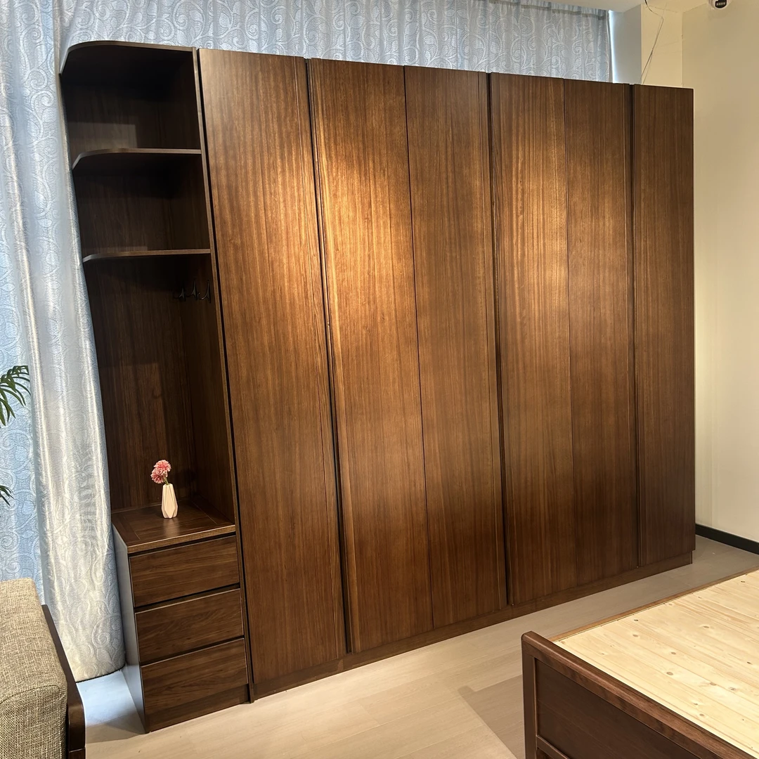 黑胡桃木衣柜家用主卧储物柜实木简易衣柜六门木质木质衣橱W908