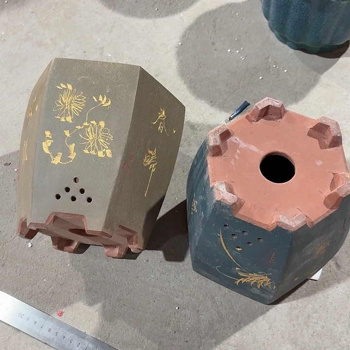 紫砂花盆六方窝口两个