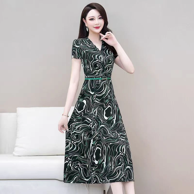 【依帆专属】F392印花V领遮肚夏季连衣裙气质过膝长袖中长裙中长款