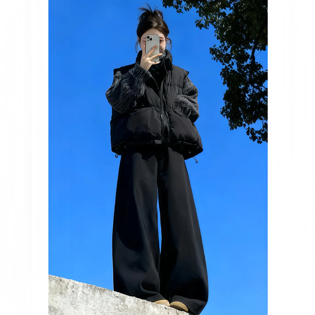 SHALLDOER温柔时尚叠穿休闲减龄宽松慵懒风上衣马甲阔腿裤两件套