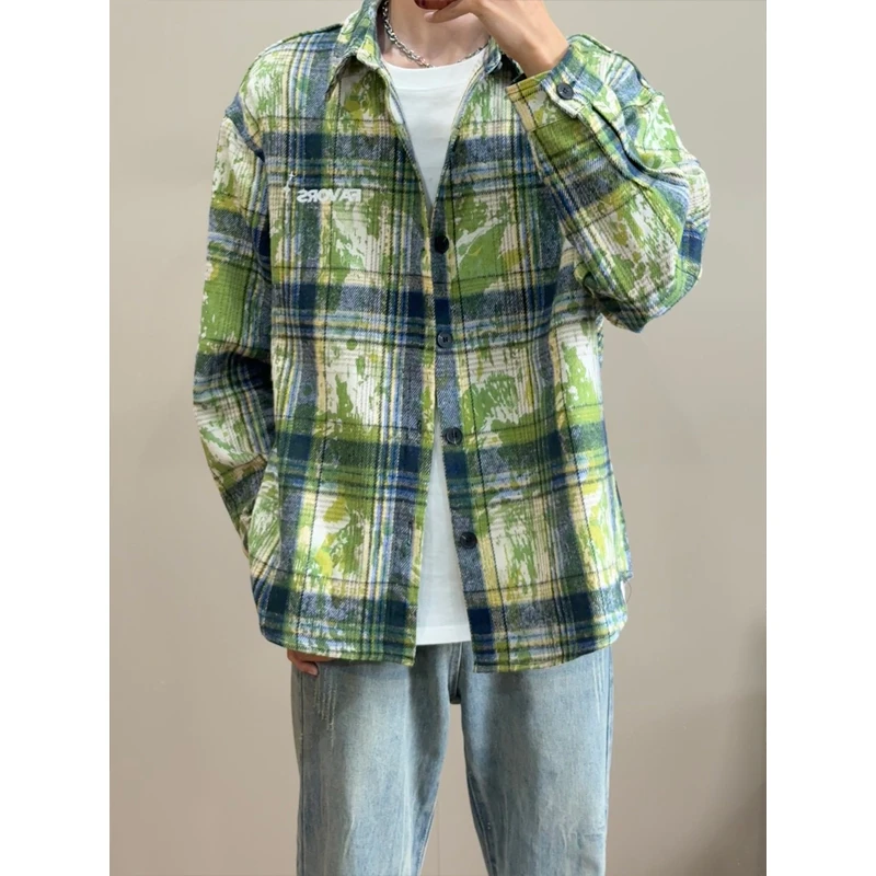 vintage绿色扎染格子衬衫男款美式复古长袖衬衣休闲宽松情侣外套