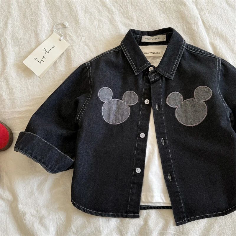 Y.Ystudio-儿童衬衫春季新品男女童卡通牛仔衬衫宝宝休闲贴布衬衣