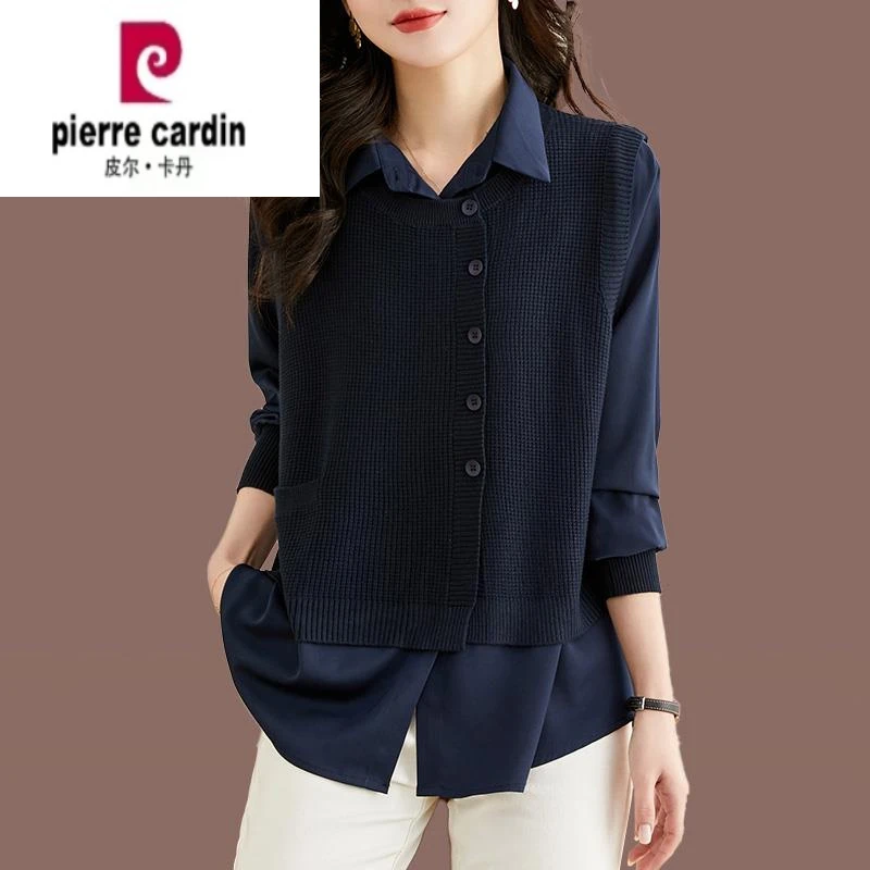 皮尔卡丹绵羊毛衫女春季宽松大码假两件针织衫洋气衬衫领打底上衣