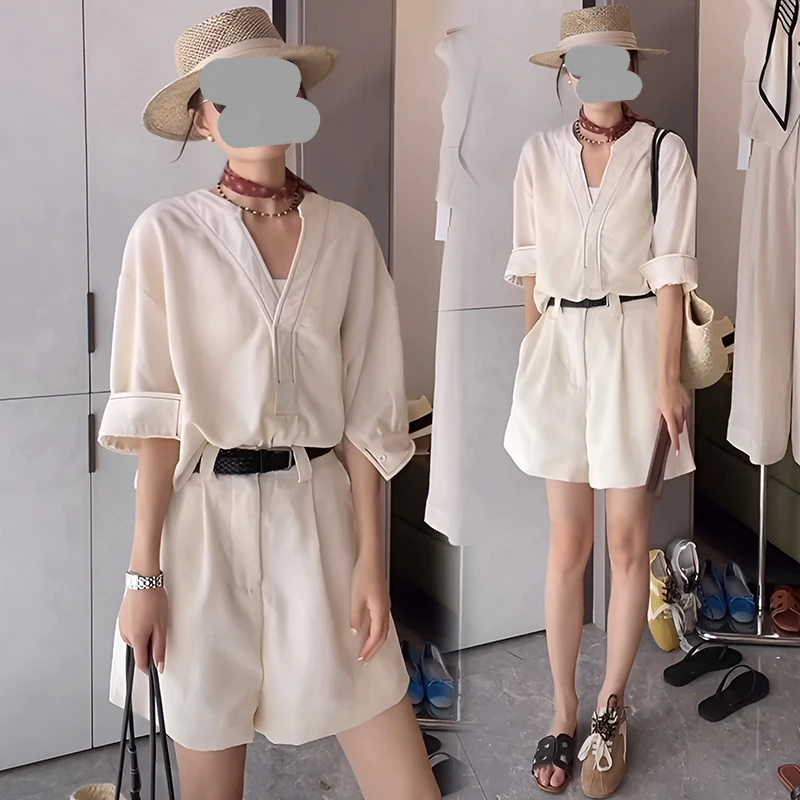 韩系洋气减龄衬衫套装女2026夏季新款老钱极简百搭上衣短裤一整套