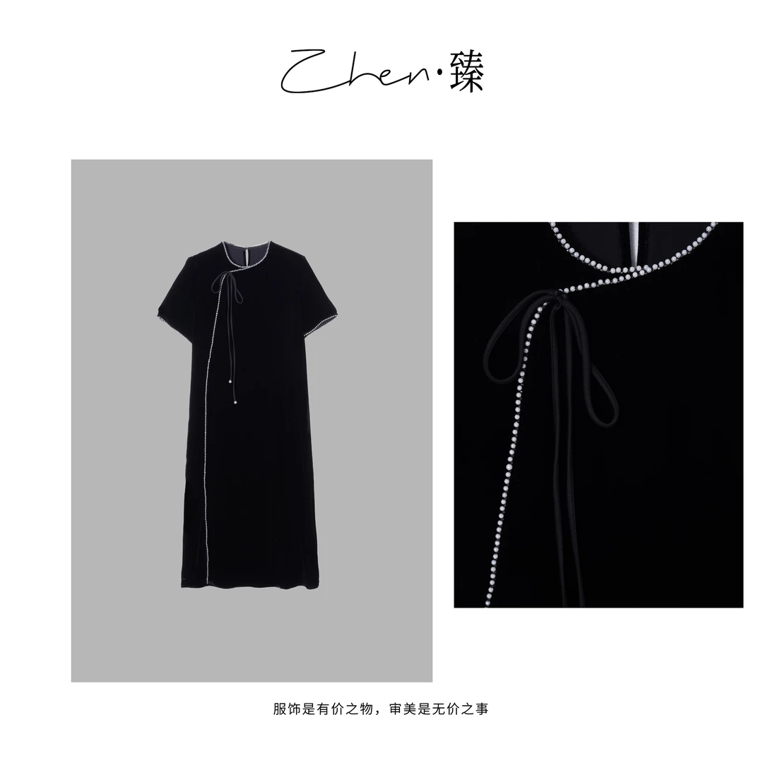 ZHEN.臻 法式蝴蝶结绑带珍珠包边千金气质真丝丝绒连衣裙LYQ8613Z