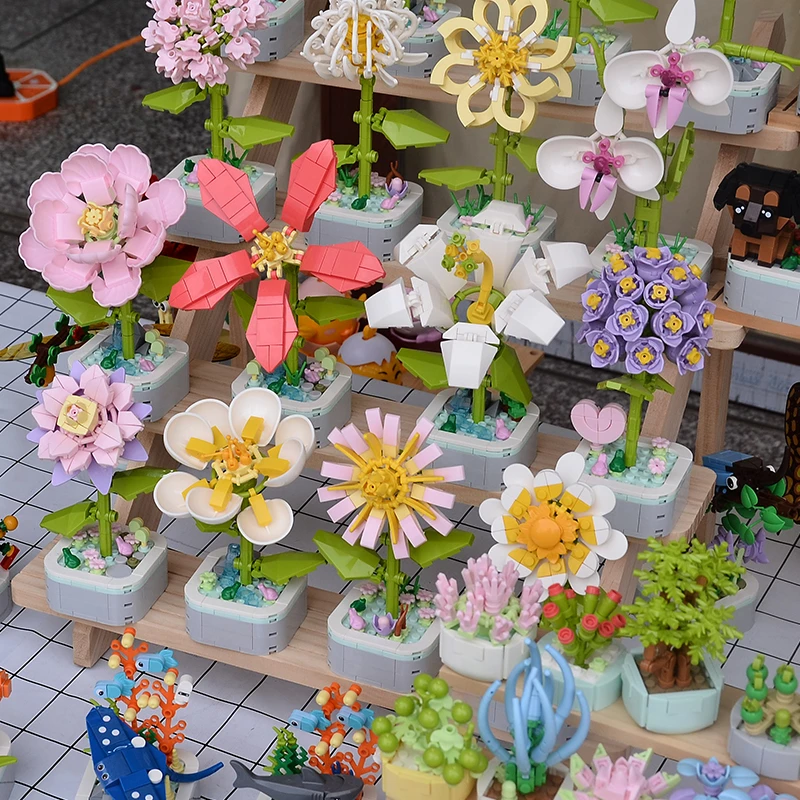 中国积木玫瑰芙蓉花朵植物风信子盆栽拼装花束桌面摆件女孩子礼物